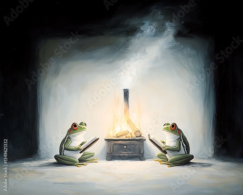 Cozy Frogs Reading by Fireplace.