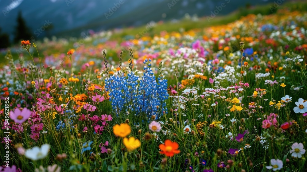 Fototapeta premium A field of wildflowers blooming with colorful blossoms in various shades, a representation of springtime's vibrant natural landscape.