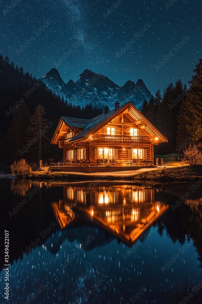 Fototapeta premium Mountain chalet by a lake at night, reflected in water, stunning view, perfect for vacation, use for travel ads, or nature publications