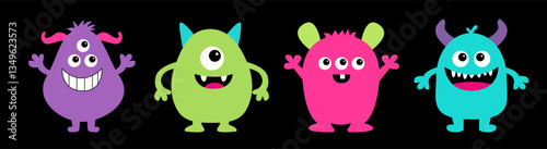Happy Halloween. Monster set line. Cute cartoon funny character. Colorful silhouette monsters. Kawaii face with teeth, horns eyes hands. Childish baby collection. Flat design. Black background. Vector
