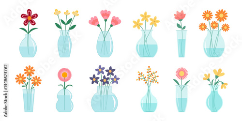 Flower in vase big set line. Transparent glass vases with water. Different flowers. Daisy gerbera tulip. Cute colorful icon collection. Ceramic Pottery decoration. Flat design. White background Vector