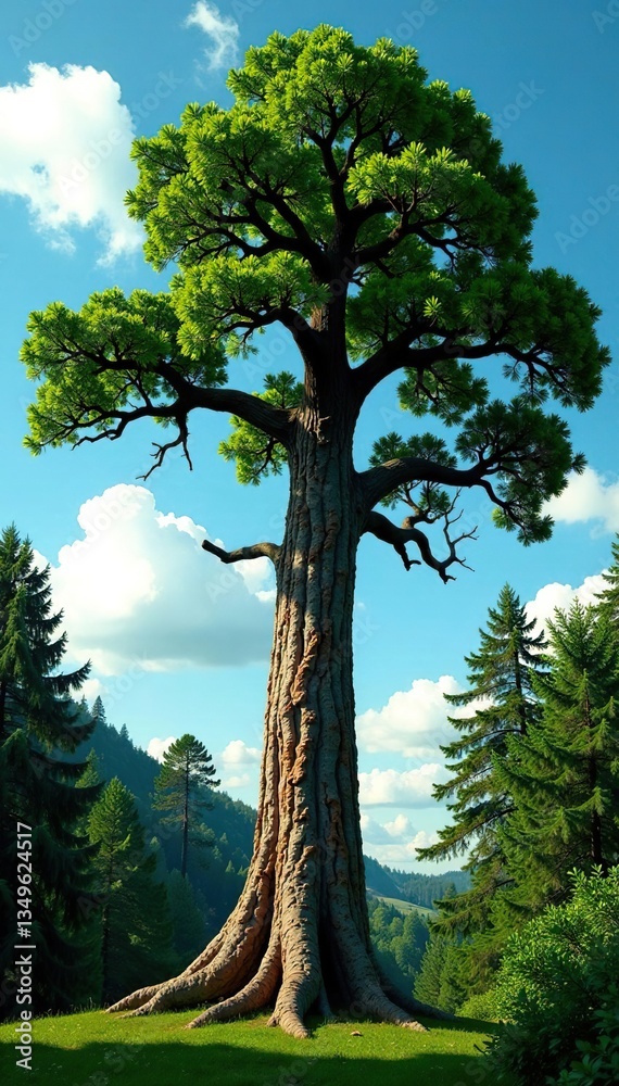 Naklejka premium Tall tree with gnarled trunk and branches stretching towards the sky, branch, forest, green
