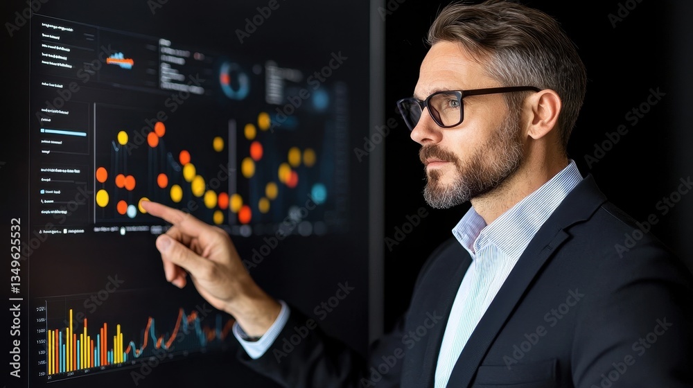A professional man analyzes data on a digital screen, highlighting trends with colorful graphs and charts. A professional man analyzes data on a digital screen, highlighting trends with colorful graphs and charts.