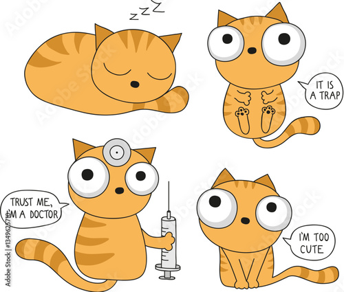 Set of cute cartoon cats with big eyes and funny quotes for sticker or t-shirt design.