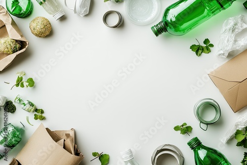 Recyclable items arranged in a frame.  Various types of waste materials, including paper, plastic bottles, glass jars, and leaves photo