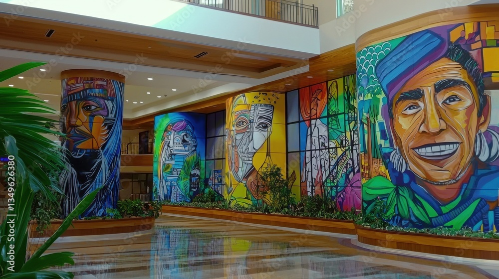 Obraz premium Colorful murals adorn a modern hotel lobby, showcasing vibrant artwork and intricate details.
