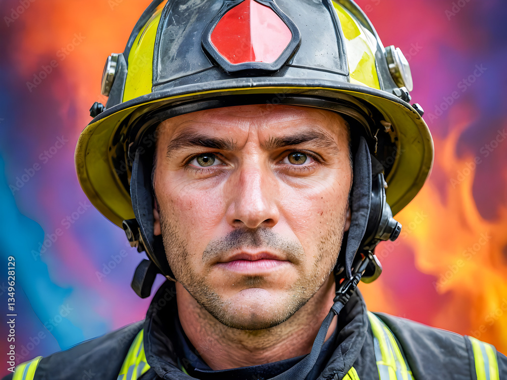Portrait of a firefighter in front of a fire in a building Portrait of a firefighter in front of a fire in a building