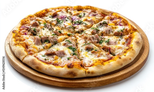 Delicious tuna pizza on wooden board