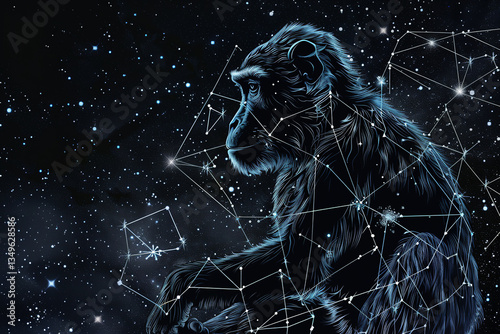 Monkey constellation with stars representing astrology zodiac and cosmic animal concept: monkey constellation, stars, astrology zodiac, cosmic animal,
