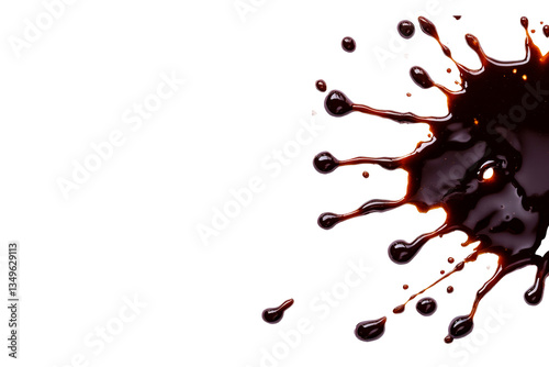 Dark viscous liquid splash, drops pattern on black, cut out transparent