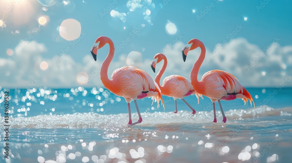 Obraz premium Three flamingos wading, ocean beach, sunny day, travel brochure