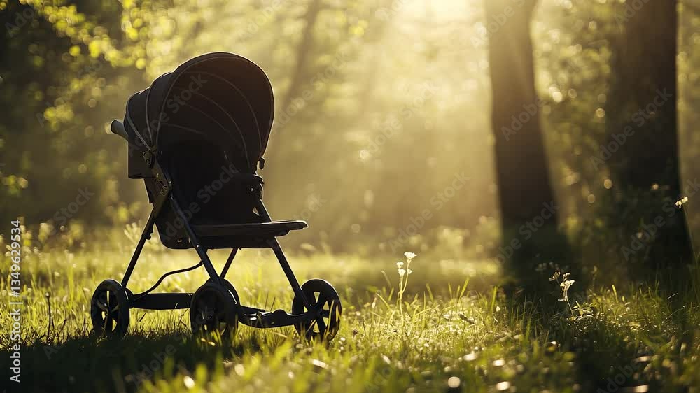 A baby stroller in the sun. Black stroller with a forest light. A field of nature with trees and sun. A baby carriage under lifestyle the sunlight. A baby stroller in the sun. Black stroller with a forest light. A field of nature with trees and sun. A baby carriage under lifestyle the sunlight.