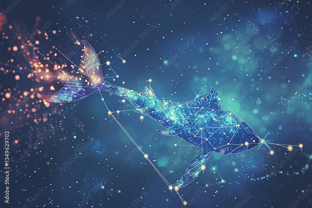 Fototapeta premium Abstract illustration of two fish with constellation lines and stars representing zodiac sign Pisces astrology and cosmic ocean life, concept: fish, pisces, zodiac, astrology, cosmic