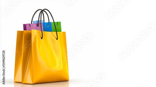 Bright Yellow Shopping Bag with Colorful Handles Set Against a Clean White Background