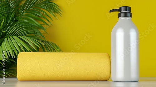 Bright Yellow Towel and Silver Bottle on a Wooden Surface with Green Plant and Yellow Wall