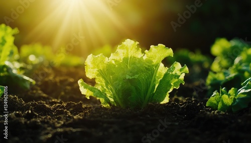 Freshly grown lettuce sprouts in rich soil, bathed in sunlight