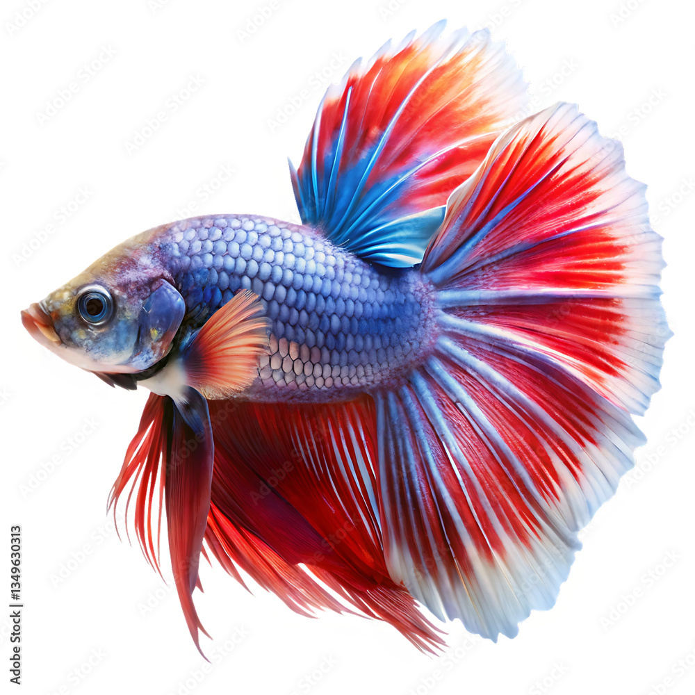 Fototapeta premium Colorful Siamese fighting fish swimming in clear water with vibrant red and orange fins isolated on a white background