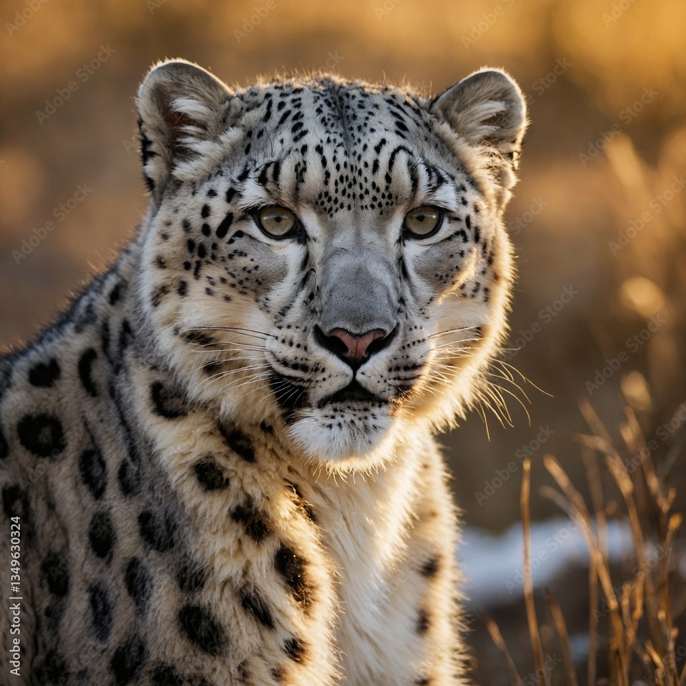 Naklejka premium A snow leopard caught in the golden light of sunset, its fur glowing warmly.