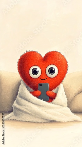 Cozy Heart Using Smartphone on Sofa.