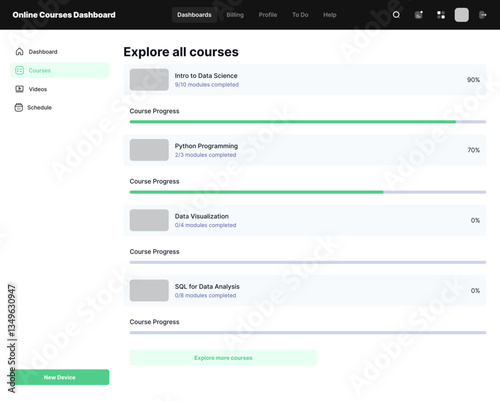 Online Courses Dashboard, E-Learning Panel, Virtual Classroom Interface, Education Management System, Digital Learning Hub, Course Tracking Platform, Student Progress & Training Program Monitor, 