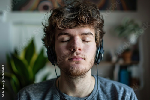 Man listening to music with headphones, eyes closed, concept: relaxation, music, listening, headphones, mindfulness, meditation, sound, tranquility,