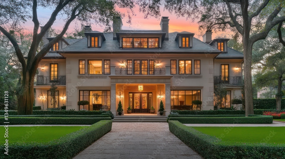 Obraz premium Luxury mansion twilight exterior, landscaped gardens, sunset, real estate