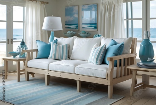 A retro-inspired light wood sofa with a slightly curved frame and tapered