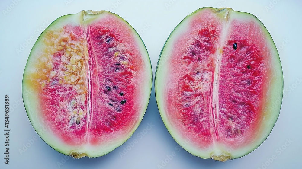 Juicy watermelon halves, summer fruit, white background, healthy food Juicy watermelon halves, summer fruit, white background, healthy food