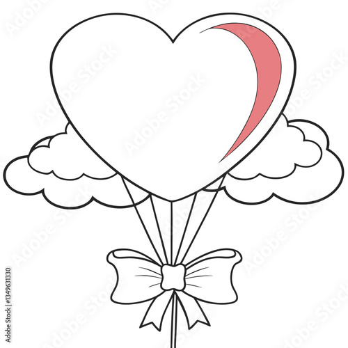 A heart-shaped balloon soaring through fluffy clouds, tied with a delicate bow, a whimsical journey of love and dreams in simple line art.
