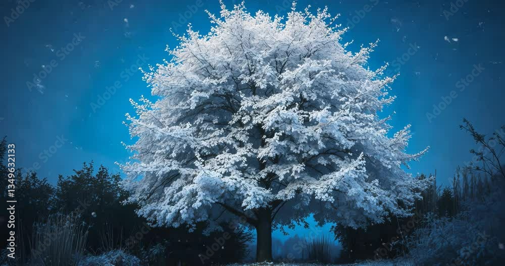 A tall tree adorned with white, snow-laden leaves stands in front of a vivid blue sky. The winter air feels fresh, and the serene environment accentuates the strong contrast between the icy tree and