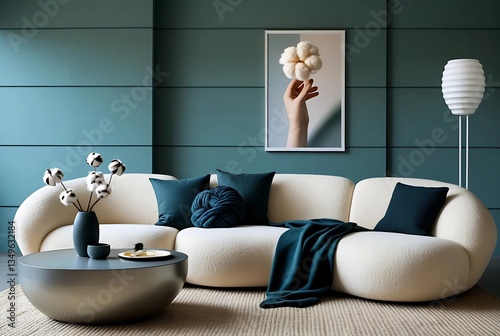 A retro-inspired light wood sofa with a slightly curved frame and tapered
