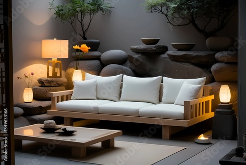 A retro-inspired light wood sofa with a slightly curved frame and tapered