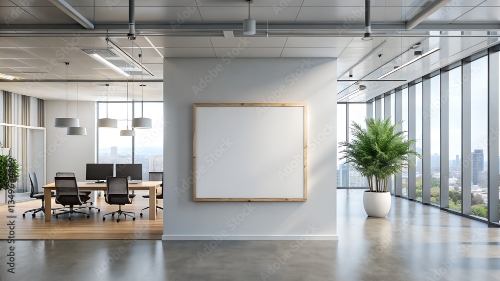 Modern Corporate Office Interior with Large Blank Whiteboard on Wall, Conference Room, and Panoramic City View Through Glass Windows