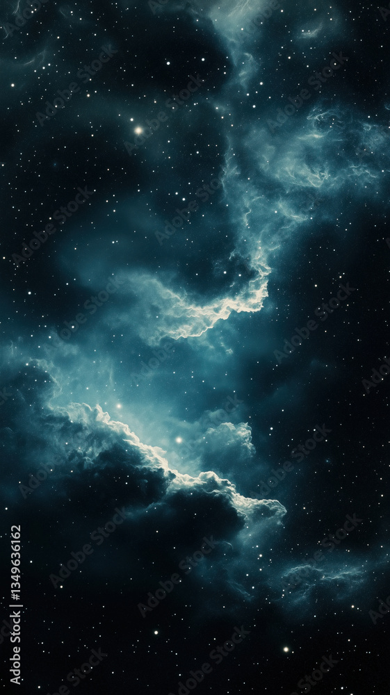Fototapeta premium Mystical teal space clouds surrounding constellations in a dark stellar field.