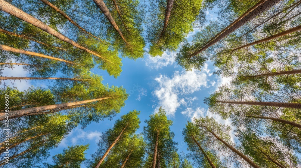 Obraz premium Upward view, pine forest, blue sky, clouds, nature
