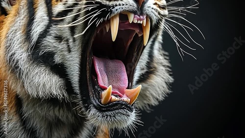 Fierce tiger roaring with bared teeth against a dark background