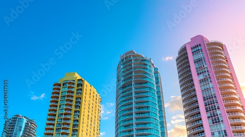 Brightly Colored Skyscrapers Against Vibrant Blue Sky in Urban Setting
