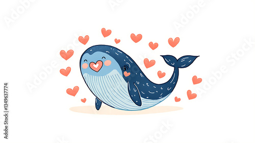 Cute whale with hearts, love, and illustration.