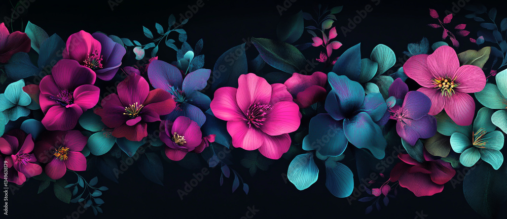 Fototapeta premium flowers on a black background, with a color palette of pink, purple, blue, and green.