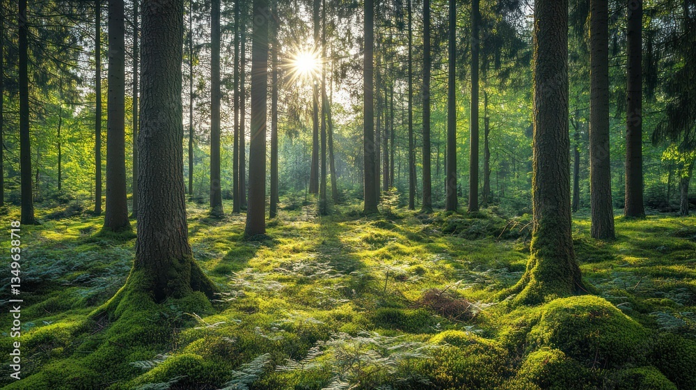 Obraz premium Sunlit mossy forest floor, tall trees, peaceful sunrise, nature background, eco-tourism