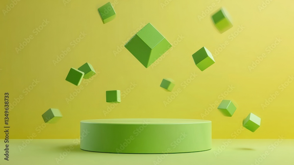 Abstract Geometric Display Platform; Floating Shapes on Yellow Background; Product Presentation; 3D Modeling Abstract Geometric Display Platform; Floating Shapes on Yellow Background; Product Presentation; 3D Modeling