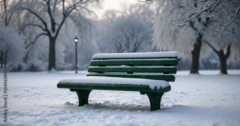 An olive green park bench blanketed in snow within a charming winter wonderland setting.