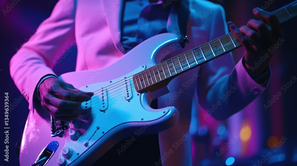 Obraz premium Intimate Moment of Guitarist Performing Solo on Stage with Passion