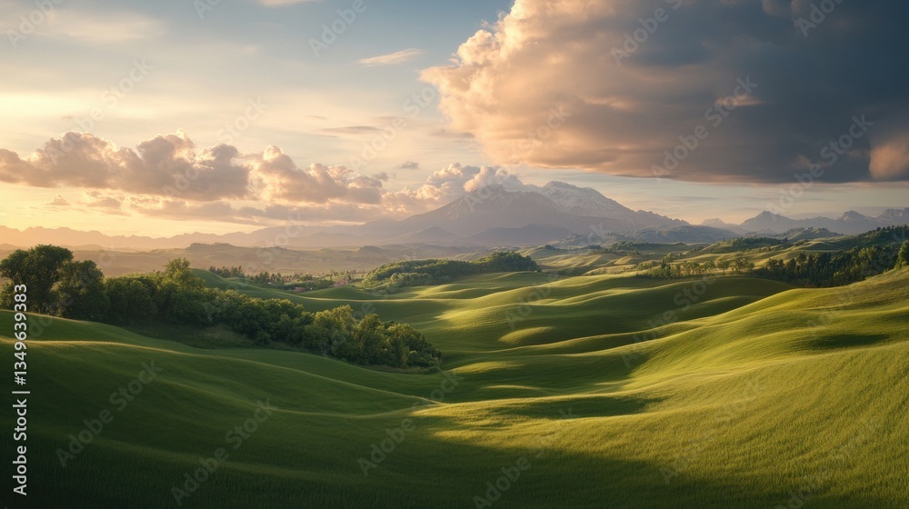 A sweeping expanse of green land with a distant mountain range. A sweeping expanse of green land with a distant mountain range.