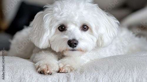 Fluffy white dog resting on a soft surface