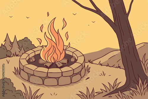13 campfire, blazing flames, wooden logs, burning embers, stone fire pit, outdoor scene, realistic texture, warm colors, orange glow, crackling fire, detailed rocks, rustic ambiance, cozy atmosphere, 