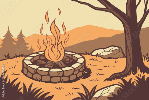 13 campfire, blazing flames, wooden logs, burning embers, stone fire pit, outdoor scene, realistic texture, warm colors, orange glow, crackling fire, detailed rocks, rustic ambiance, cozy atmosphere, 
