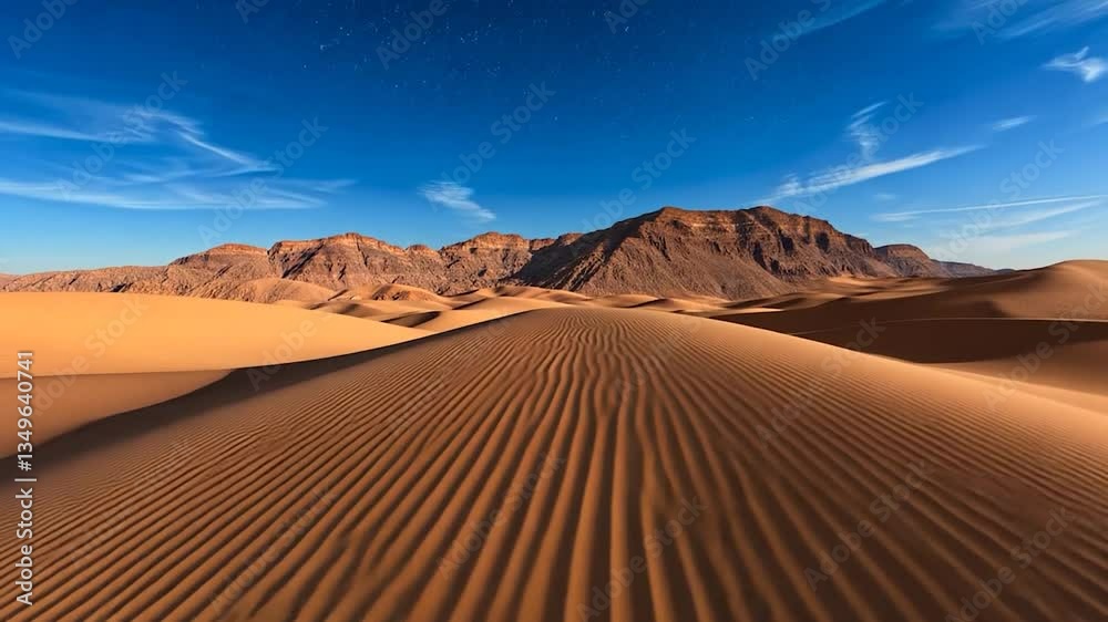 Serene desert landscape with rippled sand dunes under a clear sky Serene desert landscape with rippled sand dunes under a clear sky