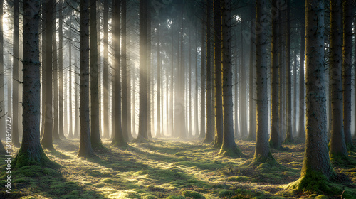 Dark foggy forest with a mysterious ambiance and deep green foliage