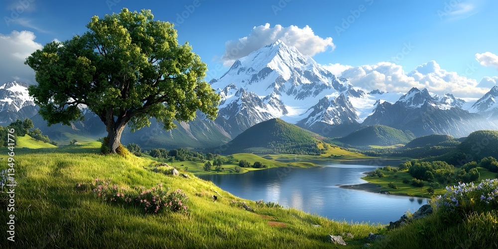 Fototapeta premium Breathtaking panoramic view of a snow capped mountain range reflected in a serene alpine lake surrounded by a lush green meadow and a solitary tree
